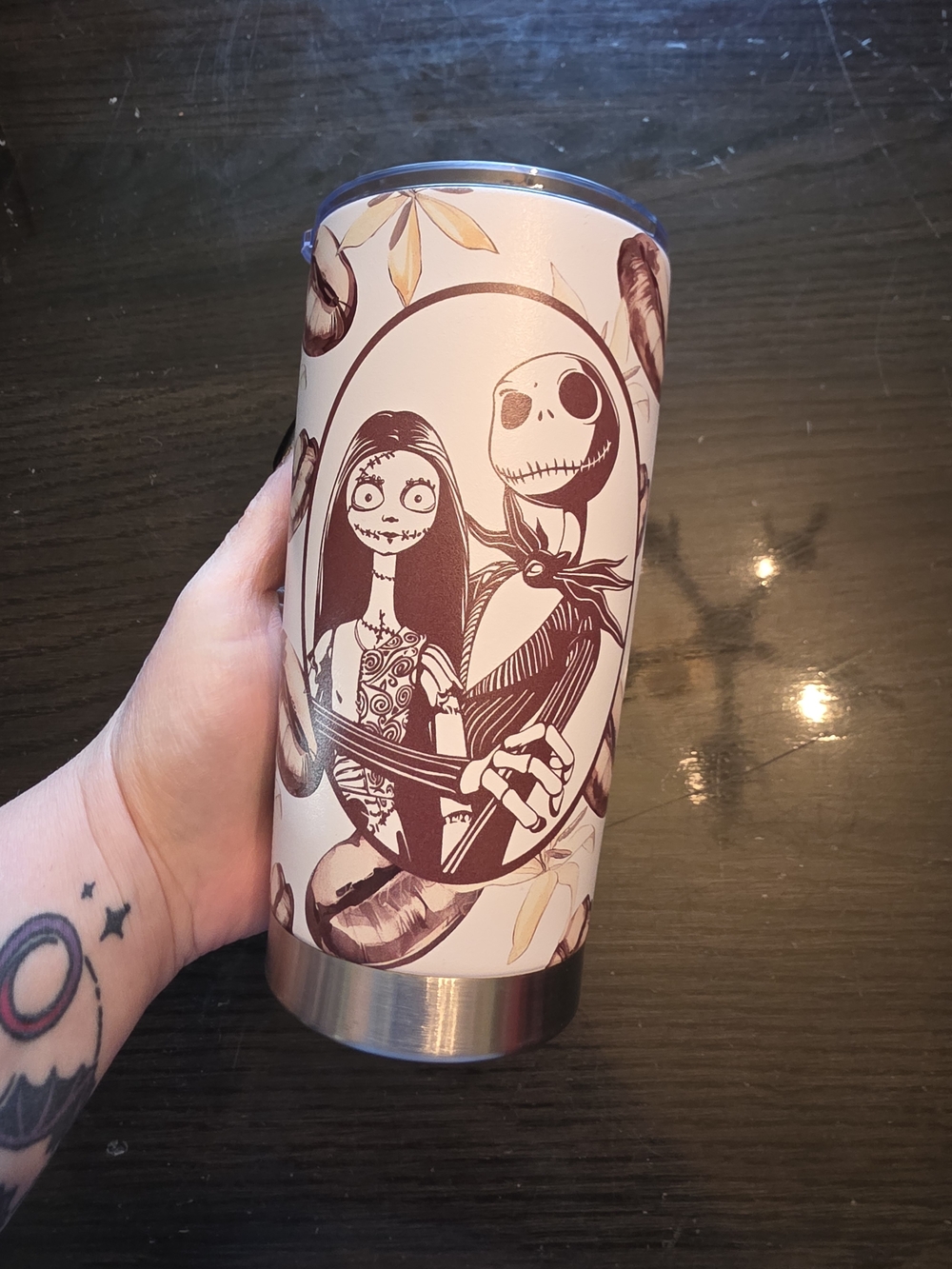 White and Brown Nightmare Jack And Sally Insulated Travel Mug